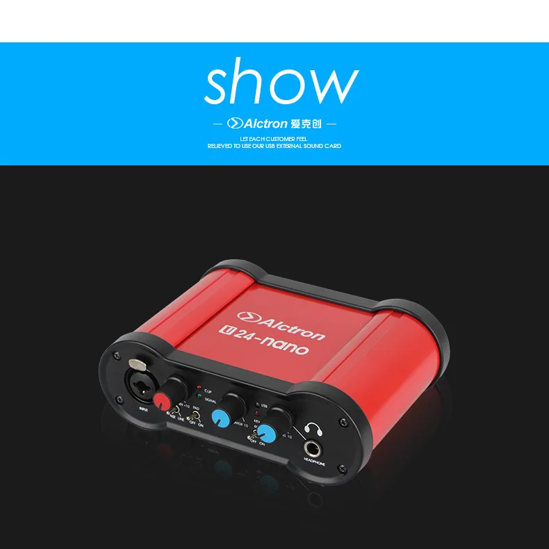 Alctron U24nano 24 бит Портативный USB аудио интерфейс внешняя Запись Звуковая карта с 48 В фантомное питание для прямой трансляции