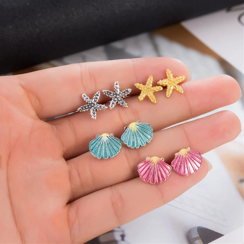 

4 Pairs Bohemian Colorful Starfish Shell Stud Earrings For Women Ocean Beach Party Jewelry Boucle D'oreille