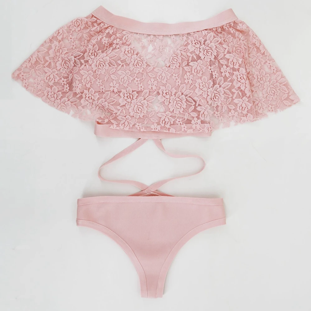 Для женщин пикантные розовые короткий рукав кружево бандажный Купальник