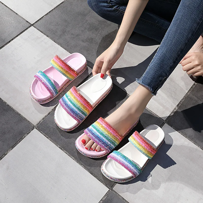 Summer Slippers Women Shining Rainbow Outside Slide Funny Lips Crystal Flat Sandals Beach Slides Casual Plus Size 36-43 | Обувь