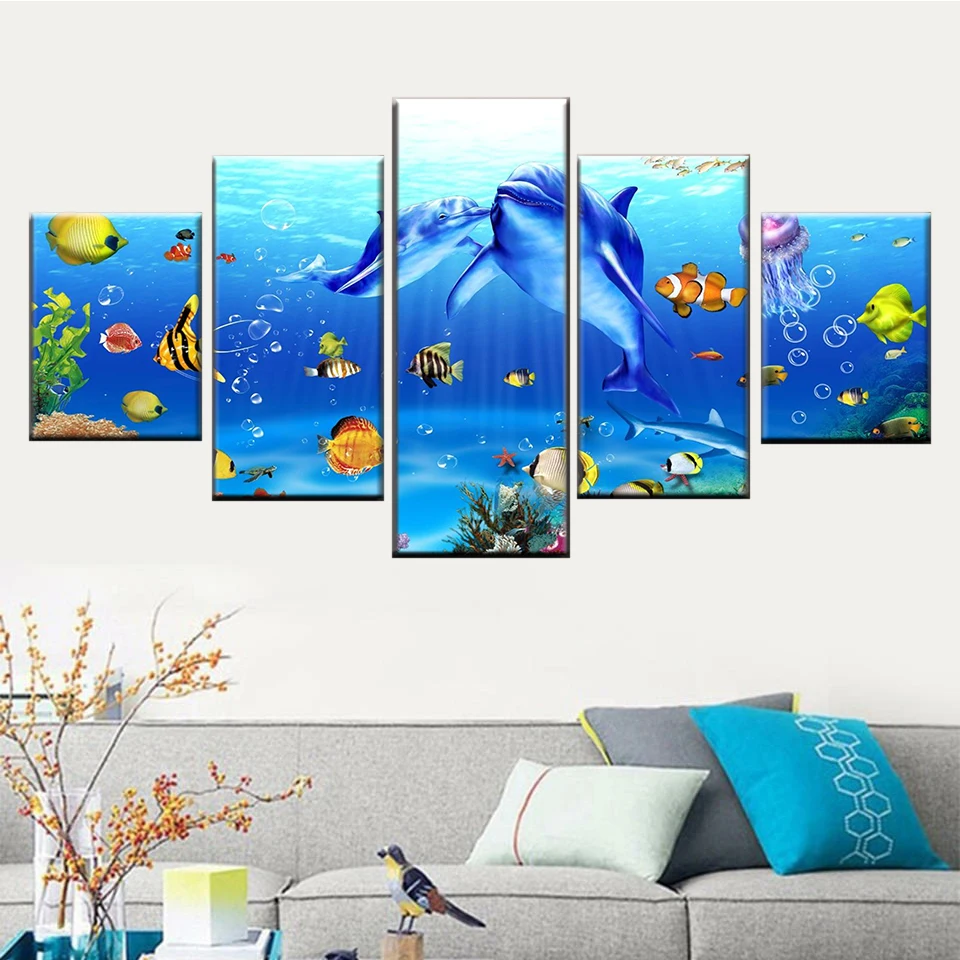 5 шт. подводный мир живопись печати Дельфин коралловый риф рыба плакат wall art Холст