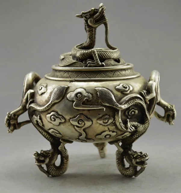 

Collectible Decorated Old Handwork Tibet Silver Carved 6 Dragon Incense Burner.