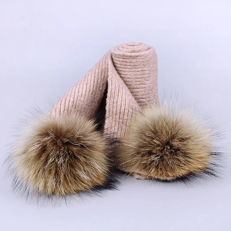 Scarf Pink Женский комплект с шапкой и шарфом для девочек, шерстяной вязаный детский зимний шапочки с шарфами, Детский костюм для мальчиков, настоящий помпон из меха енота - Цвет: Scarf Pink