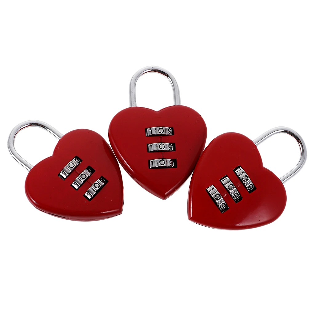 

3 Pcs Classic Heart Combination Padlock Key Diary Travel Locker Pendant Red
