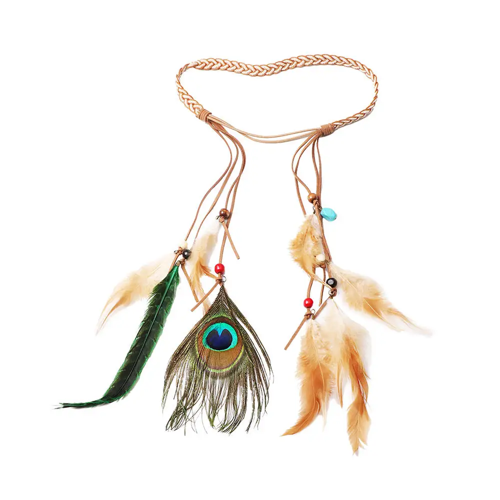 White Головная повязка с индийским пером аксессуары для волос фестивальный женский хиппи Регулируемый головной убор Бохо павлин лента для волос головной убор - Color: White