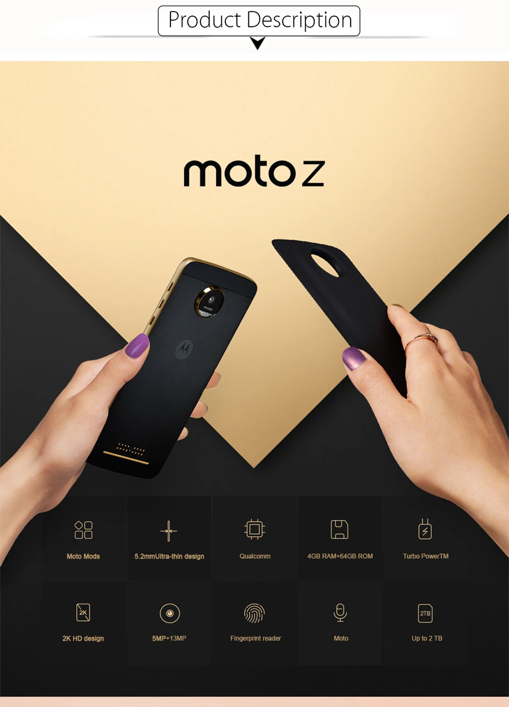 Разблокированный мобильный телефон Motorola MOTO Z XT1650-01 Android 4 Гб ОЗУ 32 Гб ПЗУ 5,5 ''13,0 МП NFC 2560*1440 4G LTE Moto 2600 мАч