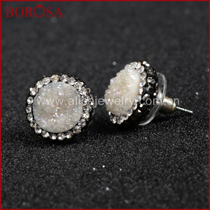 Круглые серьги гвоздики BOROSA из натурального агата Drusy титана AB Druzy с выложенным