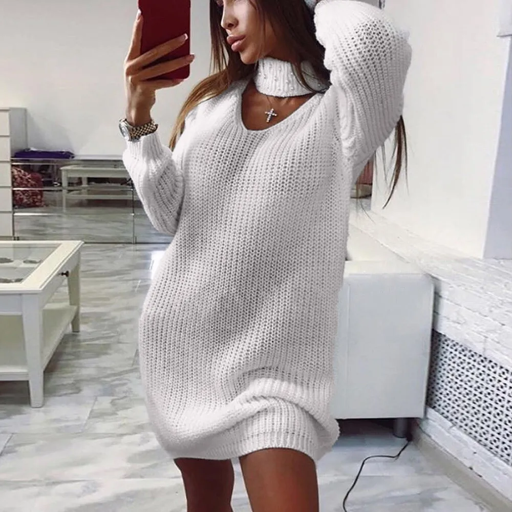 Womens Ladies Long Sleeve Chunky Knitted Dress Roll Neck Jumper Mini Women's Sweater V-neck Bib | Женская одежда
