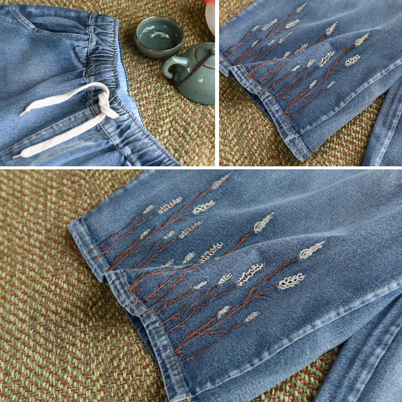 BUYKUD женские джинсы с завязками на талии широкие вышивкой 2019 Летние повседневные