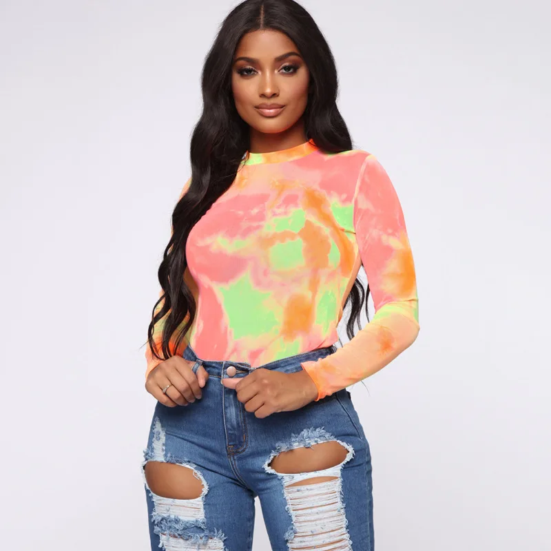orange Боди с длинным рукавом и криптографическим принтом Tie Dye, повседневный комбинезон, женский комбинезон, осень, женские топы, облегающие модные Клубные боди - Цвет: orange