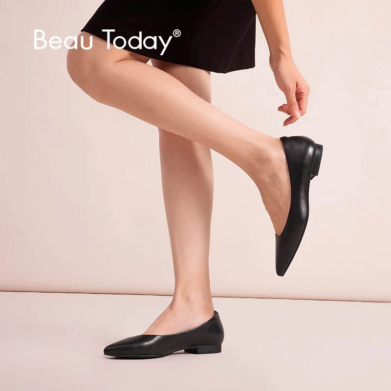 BeauToday/женские балетки на плоской подошве из натуральной телячьей кожи; Рабочая обувь с острым носком; офисные женские туфли ручной работы; 15039