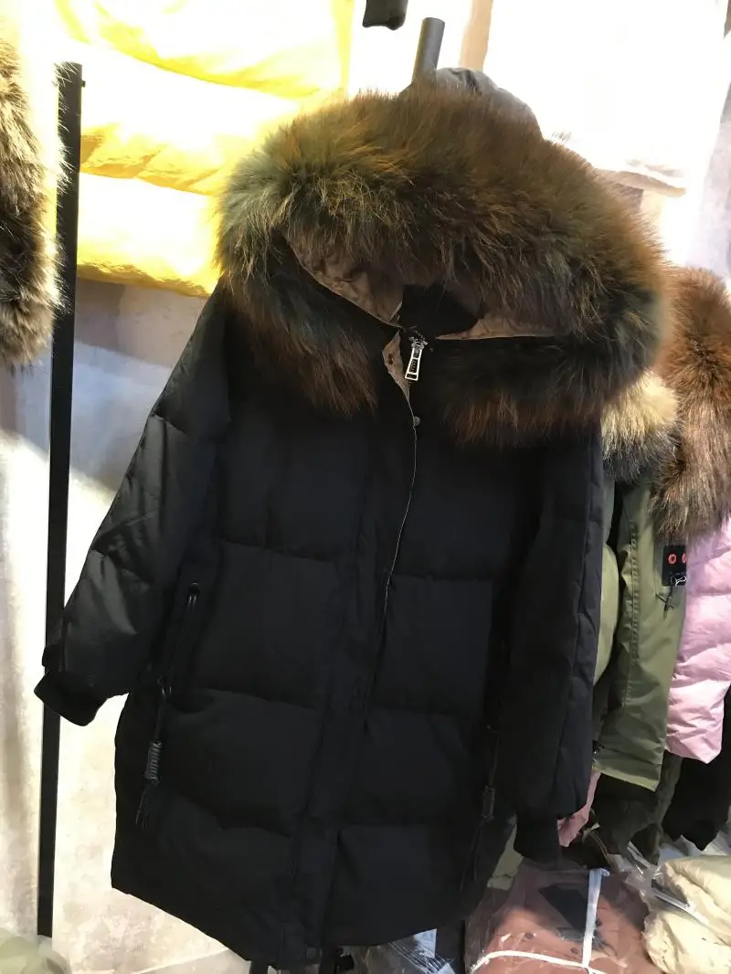 Новинка года, женское пуховое пальто manteau femme, куртка-пуховик для женщин, женская парка большого размера, натуральный мех с капюшоном цвета слоновой кости, черный, большие размеры