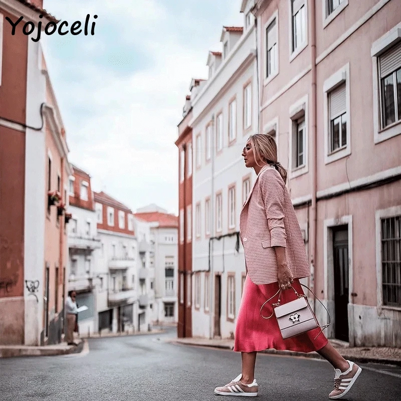Женский клетчатый пиджак Yojoceli розовый двубортный уличная одежда верхняя