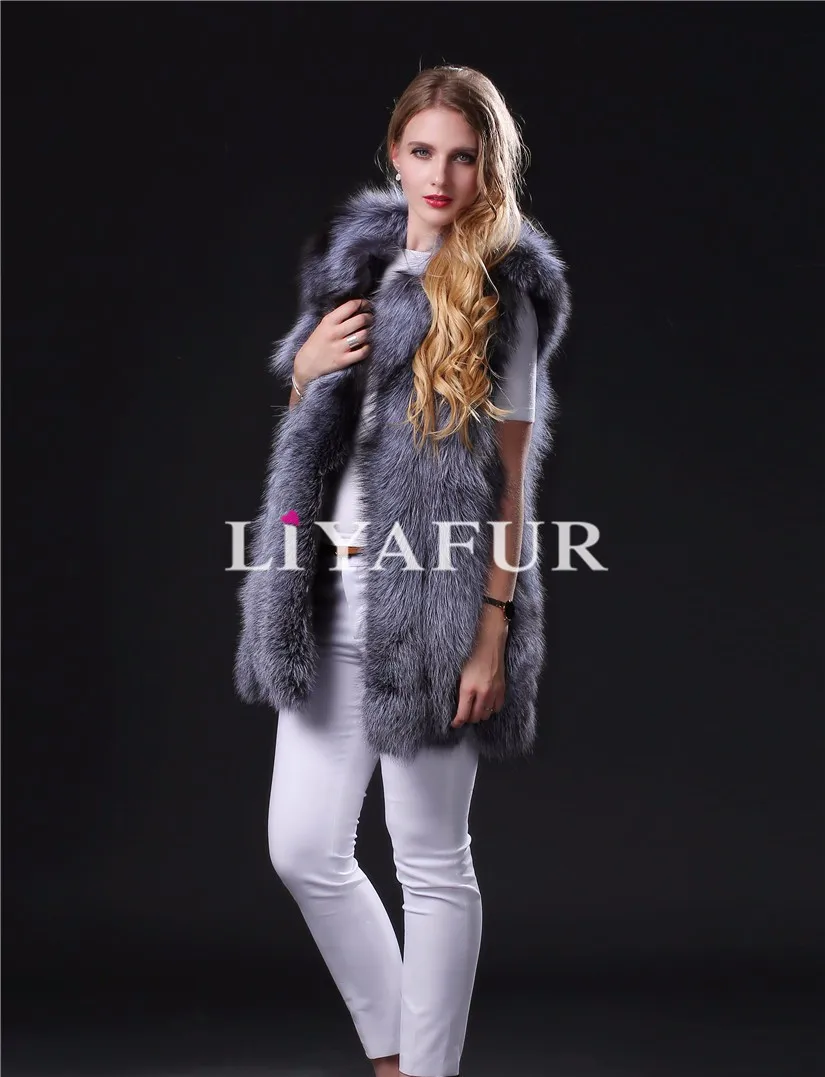 LIYAFUR Для женщин натуральная полным ходом натурального Меха чернобурки длинные модное платье без рукавов жилет для Для женщин