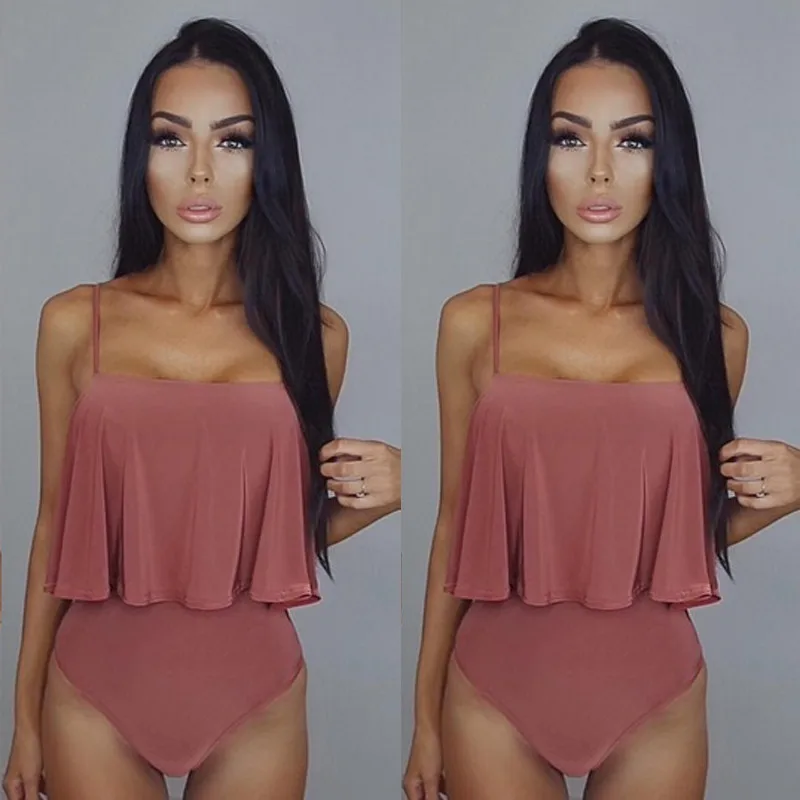 Женский сплошной купальник с открытыми плечами монокини оборками Одноцветный