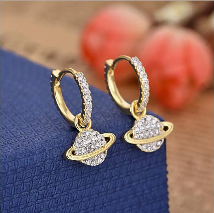 yellow gold color cute Saturn dangle long earring for girl women 2018 new round circle elegant charming fashion jewelry design | Украшения