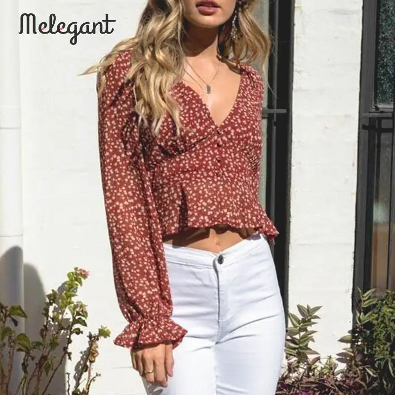 Женская винтажная блузка с длинным рукавом Conmoto красная цветочным принтом и