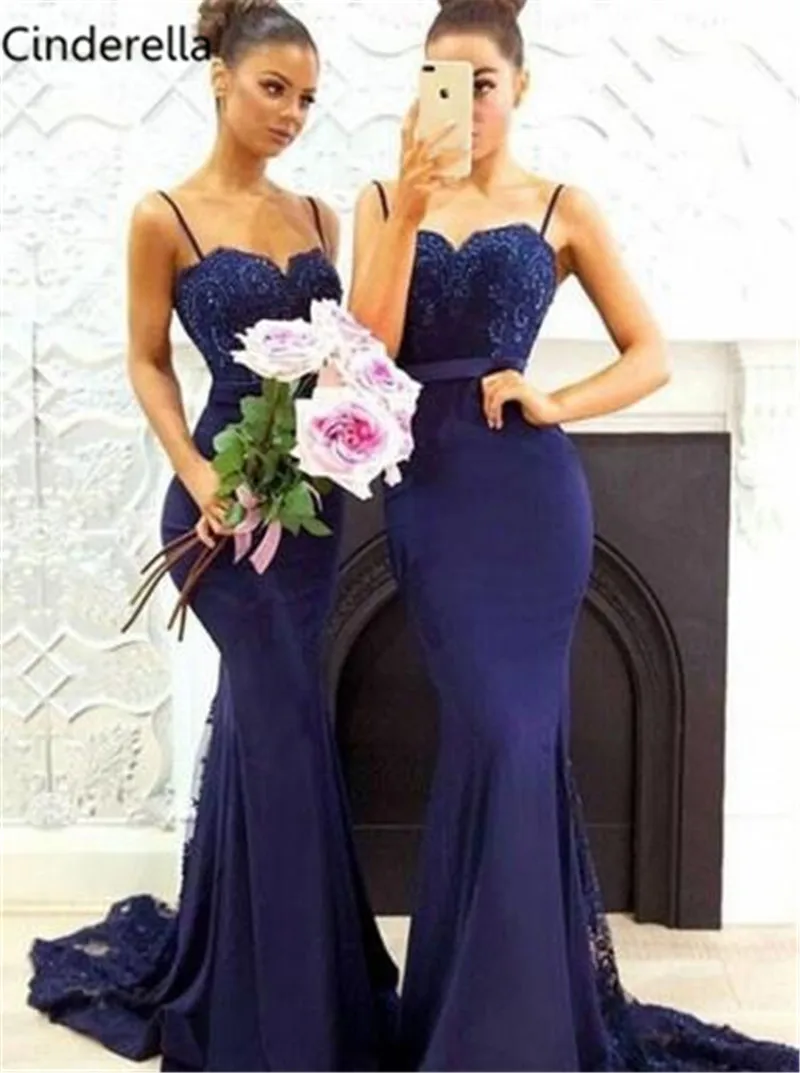 Cinderella Navy Blue Spaghetti Straps Lace Applique Crystal Beaded Satin Mermaid Bridesmaid Dresses Trumpet Gown | Свадьбы и