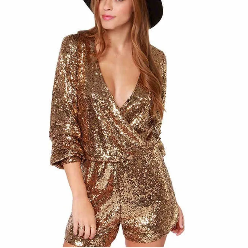 glitter gold sequin short jumpsuit body suits for women party club sexy bodysuit rompers womens jumpsuits overalls long sleeve