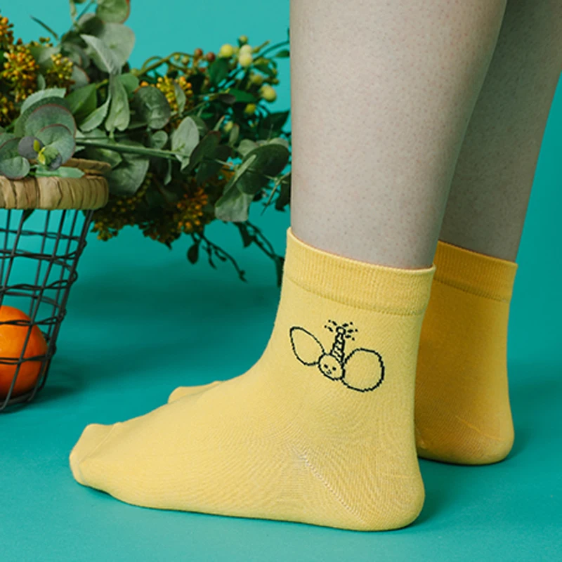 Summer New Design Women Short Socks Cartoon Yellow Green Purple Blue Sock Cotton 5 Pairs A Lot