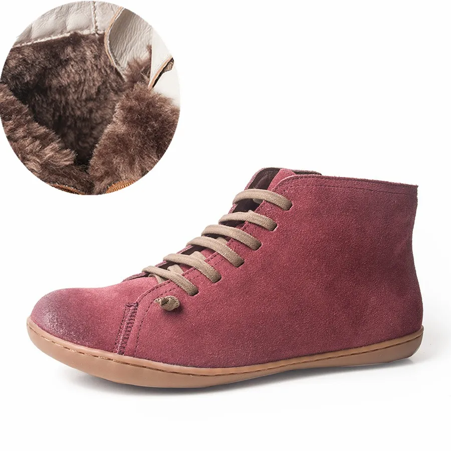red suede fur Женские повседневные Зимние ботильоны из натуральной овечьей кожи; удобная качественная мягкая обувь ручной работы на плоской подошве; цвет синий, желтый; ботинки на меху - Цвет: red suede fur
