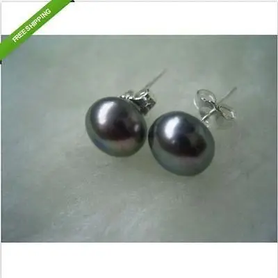 

A pair of AAA 11-12mm natural south seas black pearl earrings >jewerly free shipping