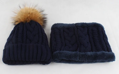 dark blue adult Зимняя шапка для мужчин, флисовая подкладка, вязаная шапка, шарф, набор, настоящая шапка с меховым помпоном, шапка, комплект из двух предметов - Цвет: dark blue adult