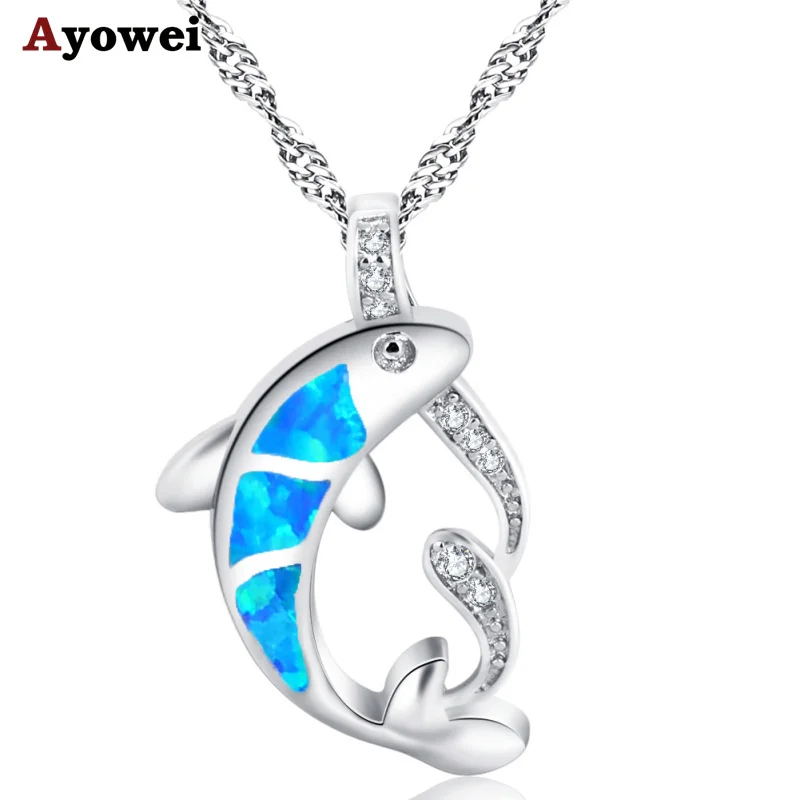 

Ayowei Рыба-образный посеребренный штампованный ожерелье из голубого опала кулон юбилей подарок дизайн мода специальный дизайн OP830A