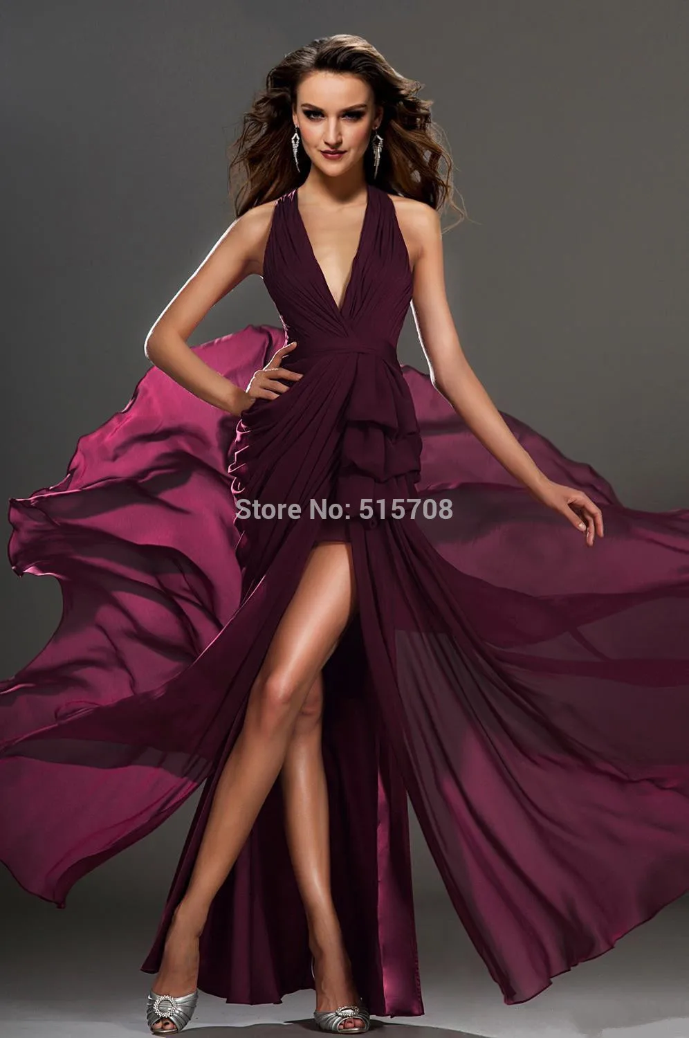 2014 Gorgeous Prom Dresses Sexy Wine Red Deep V Neck Floor Length Split Front Draped Chiffon Evening Party |