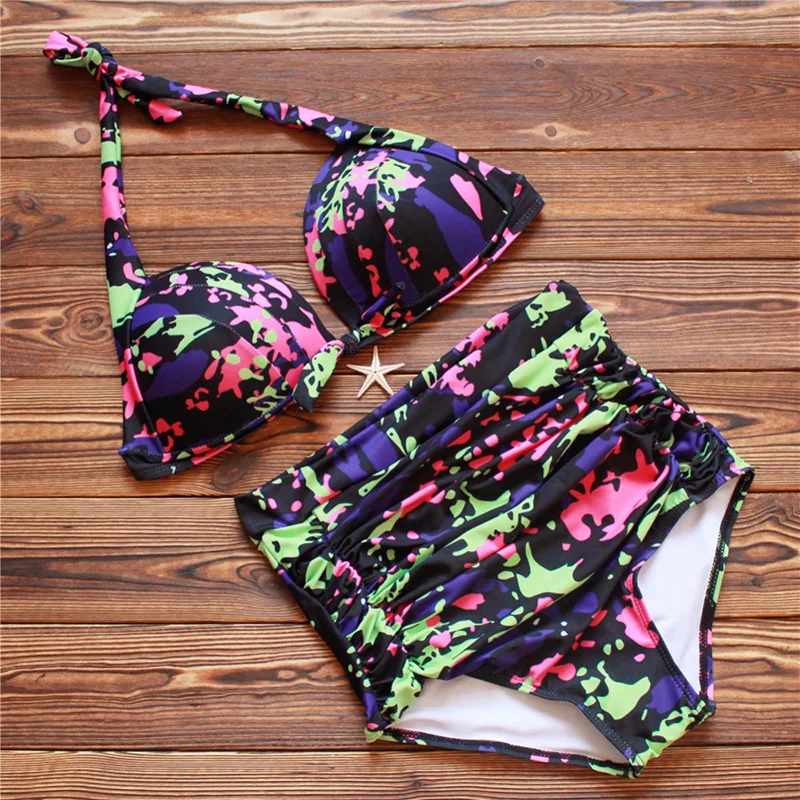Бикини плюс Размеры купальники Для женщин Высокая талия печати Купальник Push Up