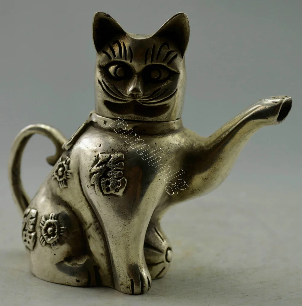 

Collectible Decorated Old Handwork Tibet Silver Carved Lovely Cat Tea Pot tools wedding Decoration Brass
