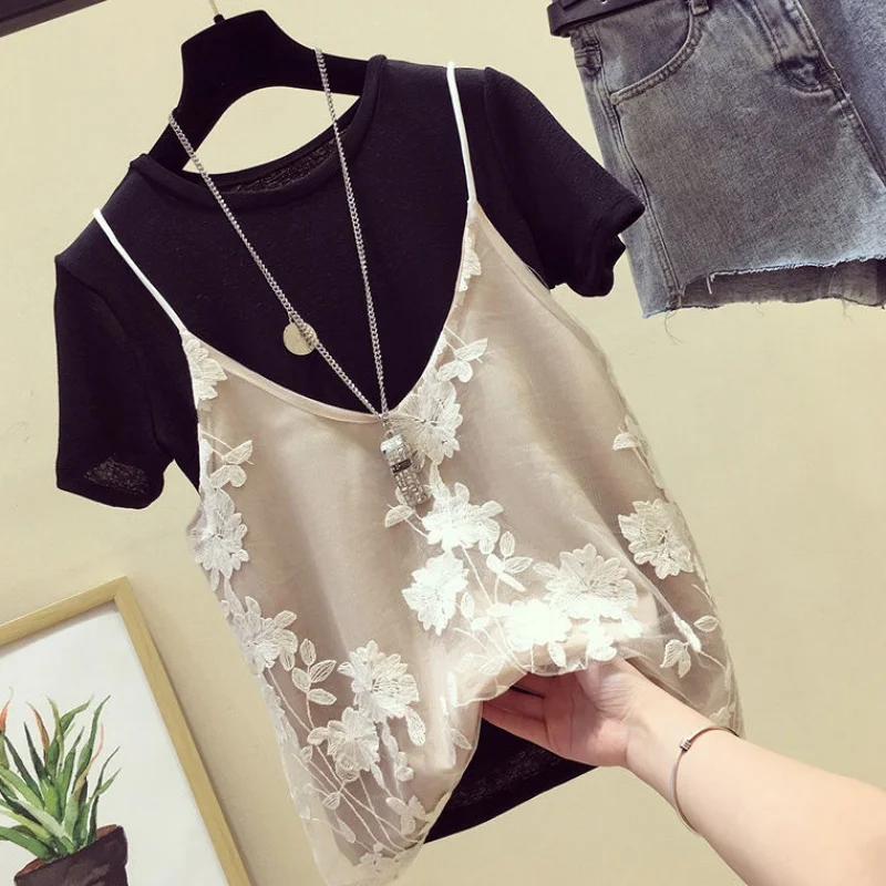 black t shirt Neploe, летняя женская футболка из 2 частей, плюс размер, свободная Корейская одежда, одноцветная футболка, кружевная Цветочная майка, женские майки и футболки 39146 - Цвет: black t shirt