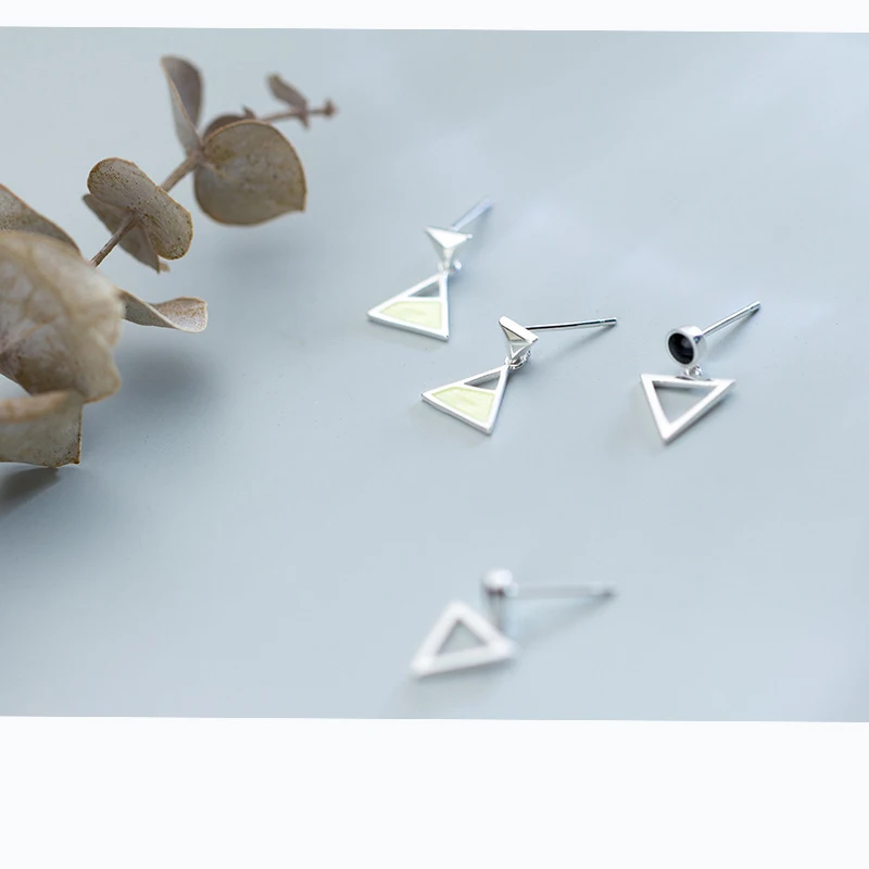 Korea Style Hollow Triangle Green Black Enamel 925 Sterling Silver Stud Earrings For Women Girls' Earring | Украшения и