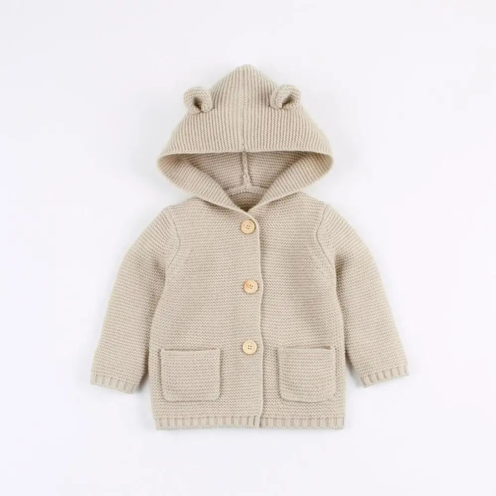 beige without fur Детский свитер; кардиган с ушками для маленьких девочек; вязаные куртки с капюшоном для новорожденных мальчиков; Весенняя Детская куртка; пальто с капюшоном; свитера для девочек - Цвет: beige without fur