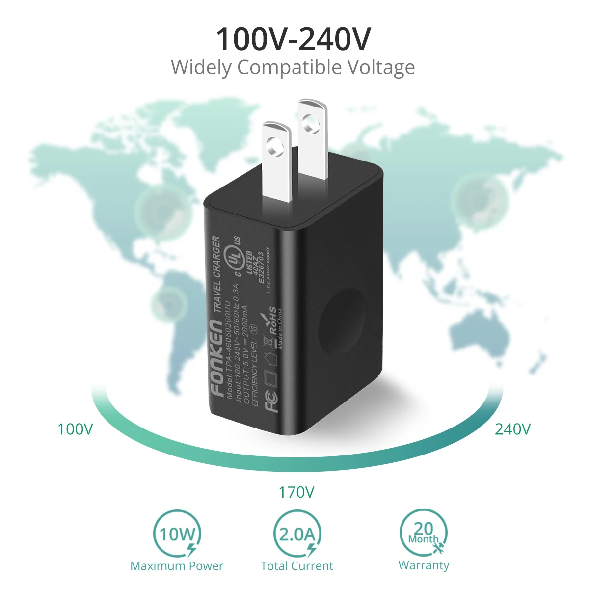 FONKEN 5V 2A USB Зарядное устройство Универсальный 10W США Подключите адаптер UL