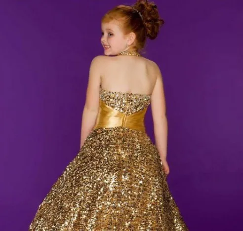 Роскошное длинное платье цвета шампанского с блестками для девочек лямкой на шее