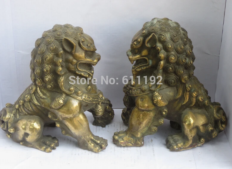 Пара ручной резной медный фу foo собака львы Статуя металла ремесла украшение дома