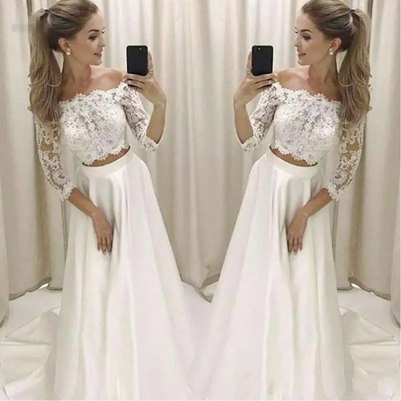 

New Fashion Two Piece Wedding Dresses With Sleeves 2021 vestido de noiva A Line Wedding Gowns Applique Lace Handade Bride Dress