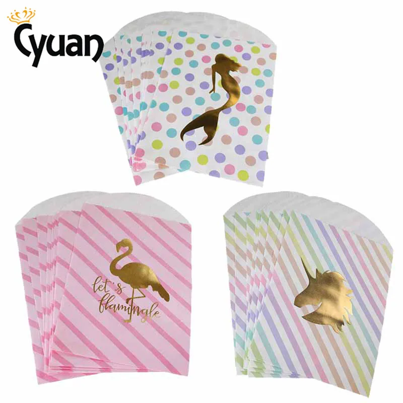 CYUAN 10 шт крафт-бумажные пакеты для попкорна, мешок, коробка конфет, Русалка, единорог, фламинго, напечатанные бумажные пакеты, рождественское свадебное украшение