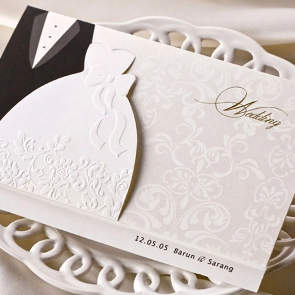 

100Pcs Laser Cut Wedding Invitations Card, Blank Black & White, Groom & Bridal, Tuxedo & Dress Invitation Marriage with Envelope
