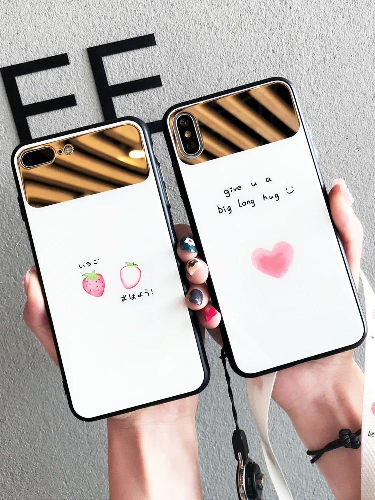 Роскошный зеркальный чехол для iPhone 6 S 7 8 plus love heart розовый клубничный стеклянный X