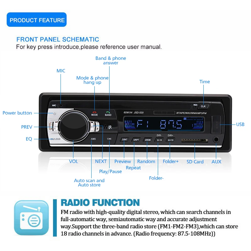 Авторадио JSD520 стерео плеер цифровой Bluetooth MP3 60Wx4 FM аудио с входом AUX в тире |