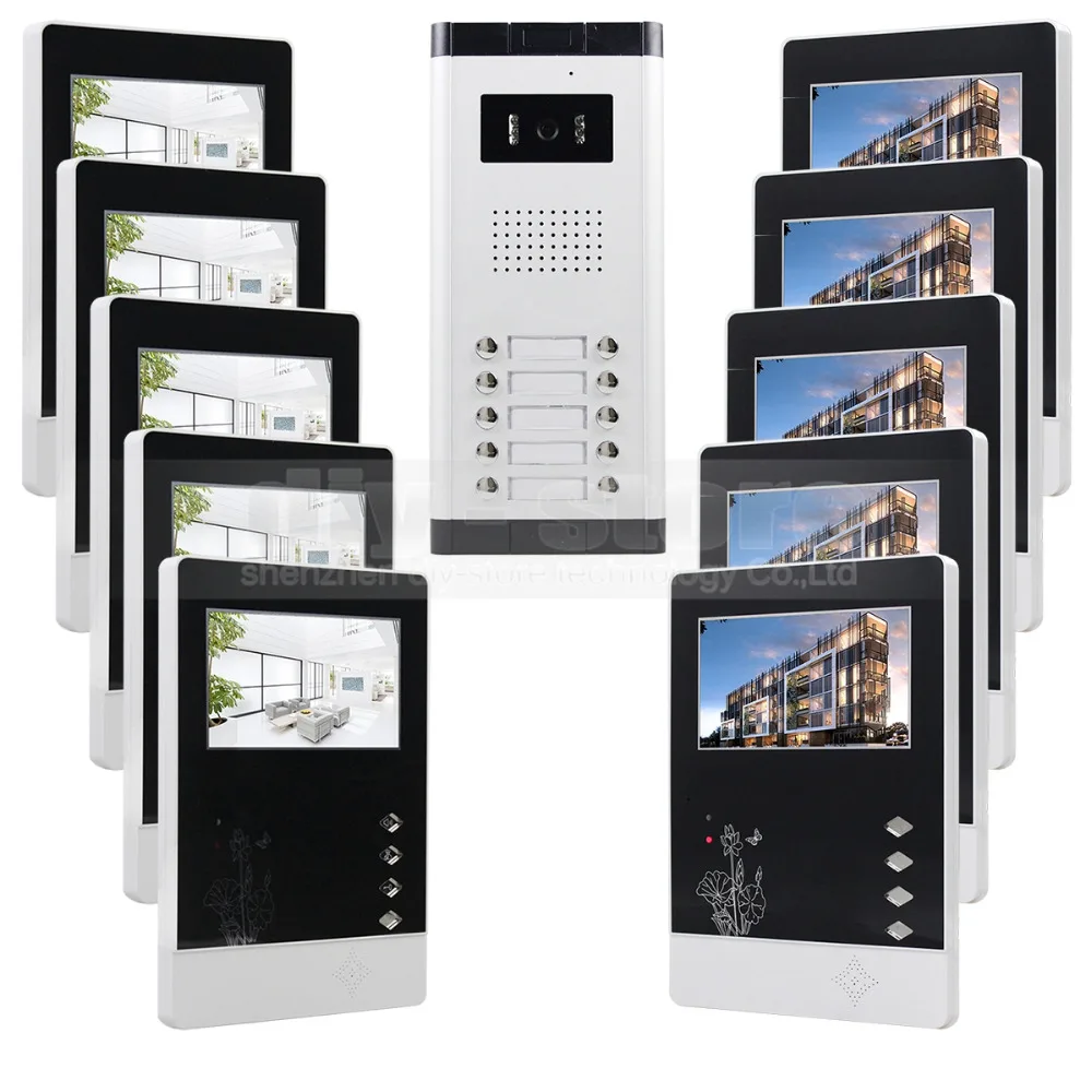 

DIYSECUR 10 x 4.3 inch Monitor 4-Wired Apartment Video Door Phone Audio Visual Intercom Entry System IR Camera for 10 Families