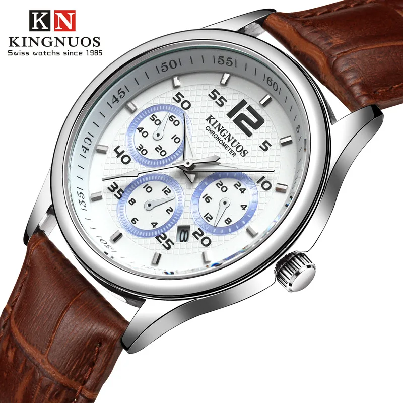 New KINGNUOS Brand Fashion Business Mens Wristwatch Waterproof Male Watch Casual Leather Strap Quartz Watches Relogio Genuine | Наручные