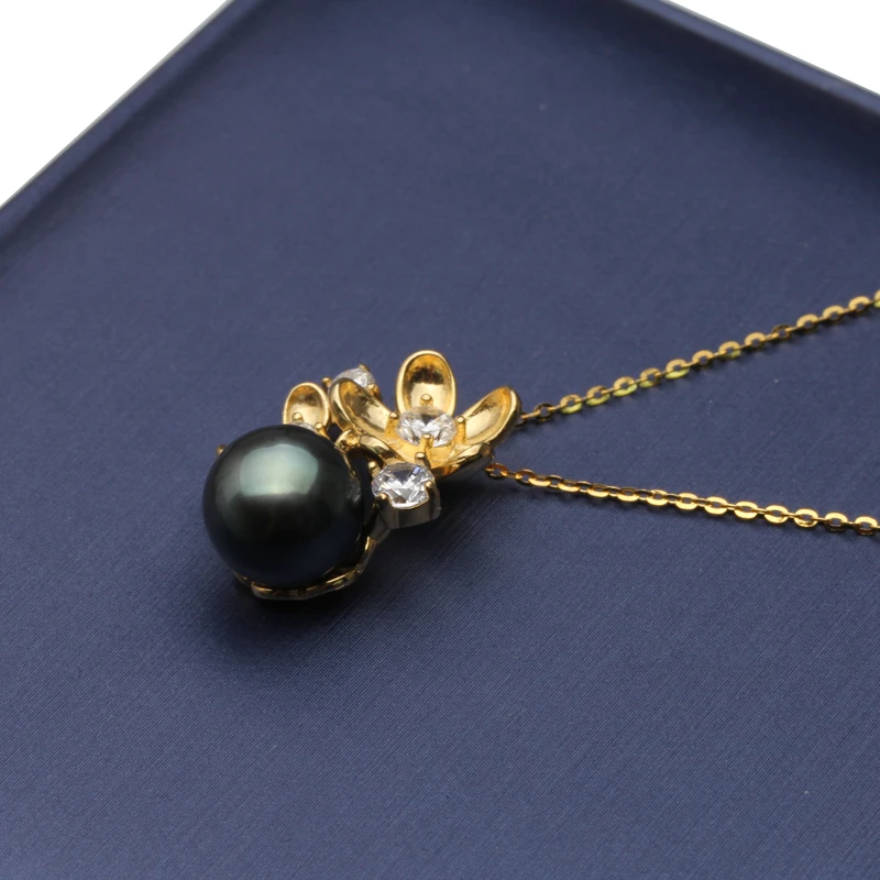 Perfect Round Natural Black Pearl Pendant Necklace For Women 925 Sterling Silver Chain Tahiti Pendants Wedding | Украшения и