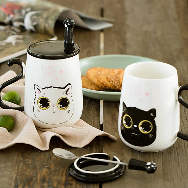 Милые керамические кружки с рисунком животных кошек собак крышкой и ложкой