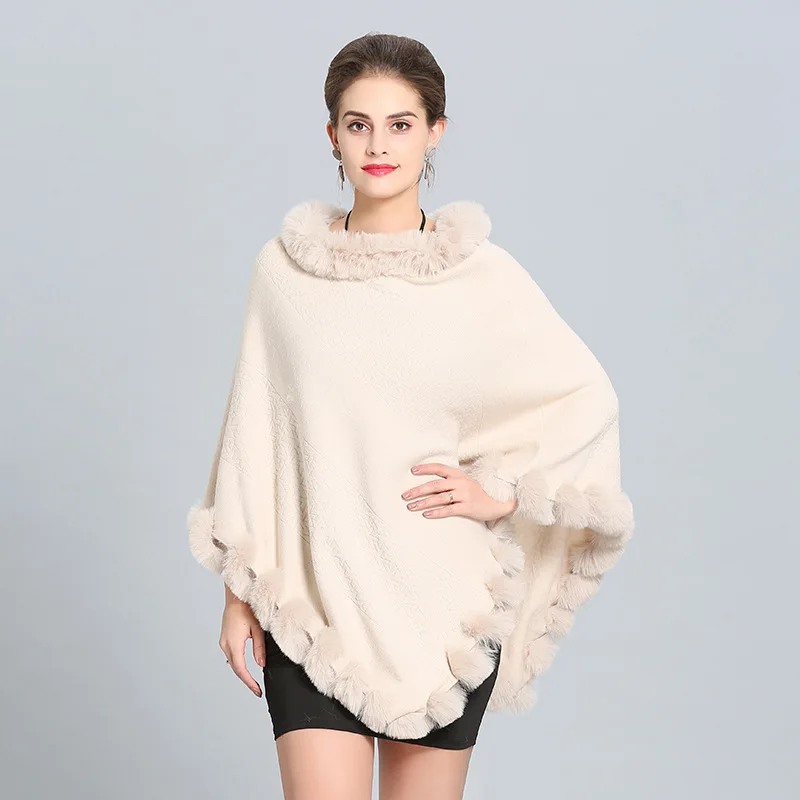 same color as photos SC283 женские кейпы однотонные пончо зимняя шаль из искусственного лисьего меха вязаный треугольный меховой свитер размера плюс пуловер пальто меховой воротник - Цвет: same color as photos