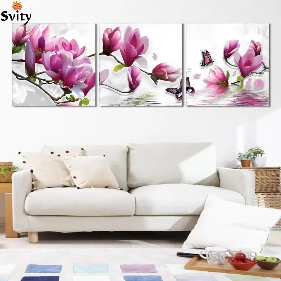 

3 Piece Free Shipping Cheap abstract Modern Wall Painting purple pink flower Home Decorative Art Picture Paint on Canvas Prints