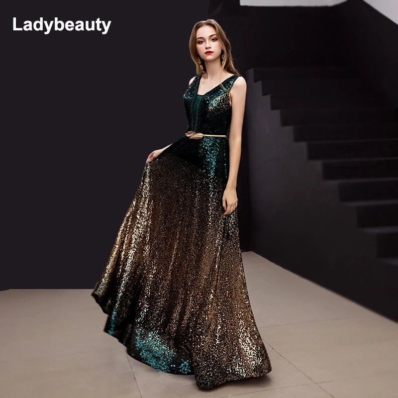 Ladybeauty 2019 Новое прибытие Градиент с блестками Вечернее платье V образным вырезом
