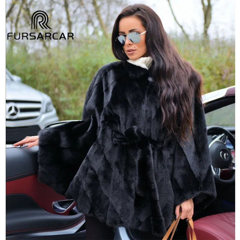 FURSARCAR роскошные новые шубы из натуральной норки женские зимние с рукавом летучая
